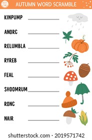 Vector Autumn word scramble activity page. English language game with cute pumpkin, mushroom, umbrella for kids. Fall season family quiz. Simple educational printable worksheet.
