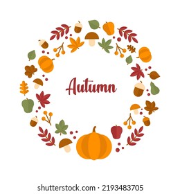 Vector autumn wreath with branches, leaves, cone, mushrooms, pumpkin, fruits. Round frame.