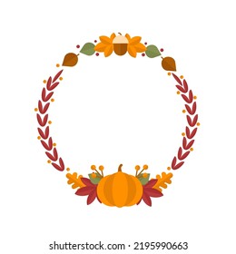 Vector autumn wreath with branches, leaves, cone, pumpkin. Round frame.