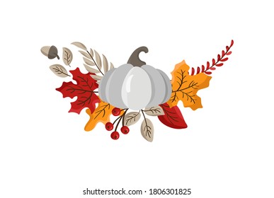 Vector Autumn wreath design template print with gray pumpkins, maple leaves and place for text. October harvest background illustration for Happy Thanksgiving Day. Nature design. Fall season.