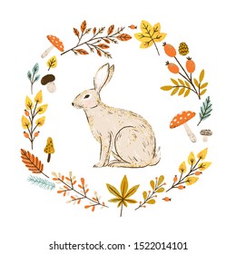 Vector autumn wreath with falling leaves, berries and mushrooms. Round frame with bunny. 