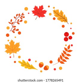 Vector de corona de otoño con hojas caídas, nuez, baya, elementos florales estacionales. Marco redondo hecho de elementos botánicos dibujados a mano. Aislado en blanco.