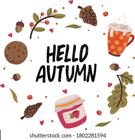 Vector autumn wreath with falling leaves, jam, mug of cocoa, cookie and lettering. Scrapbook collection of fall season elements. Autumn greeting card