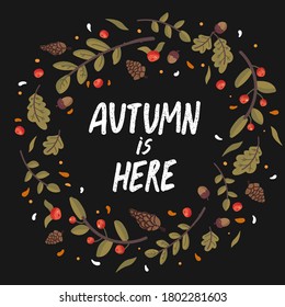 Vector autumn wreath with falling leaves, cones, acorns and lettering. Scrapbook collection of fall season elements. Autumn greeting card