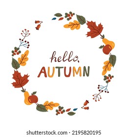 Vector autumn wreath with falling leaves, apple, rowan, fall floral elements. Bright round frame made from hand drawn botanical elements. Isolated on white.