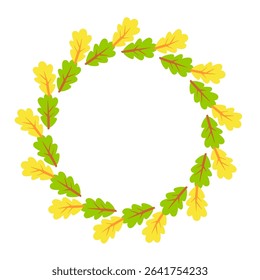 Vector autumn wreath with green and yellow leaves forming a round frame. Ideal for seasonal decorations, harvest themes, greeting cards, or farmhouse style designs.