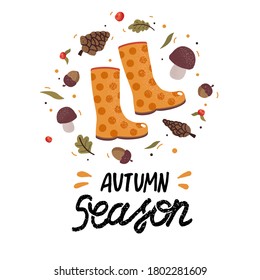 Vector autumn wreath with 
gumboots, falling leaves, acorns, berries, mushrooms and lettering. Scrapbook collection of fall season elements. Autumn greeting card