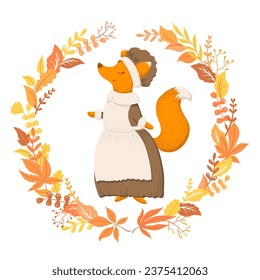 Vector autumn wreath from hand drawn leaves and branches and cute fox character isolated on white background. Illustration for Thanksgiving greeting card, invitation template, poster