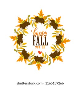 Vector Autumn wreath with hedgehog, maple leaves and plants on white background.  Autumn Forest. Perfect for holiday invitations and greeting cards