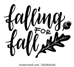 Vector autumn wreath with leaves, acorns and hand written quote "Falling for fall". Suitable for apparel, scrapbooks, decals, and many other creative uses. Isolated on white.