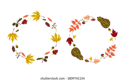 vector autumn wreath with leaves and pumpkins.  Fall circle wreath for Thanksgiving card or invitation 