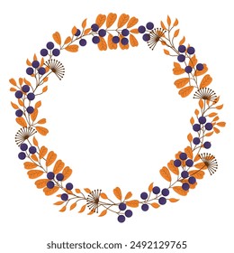 Corona de otoño de Vector con hojas de naranja y bayas maduras. Estampado floral para tarjetas de felicitación, portadas e invitaciones. Corona de otoño del herbario. Lugar para el texto. Fondo floral cálido