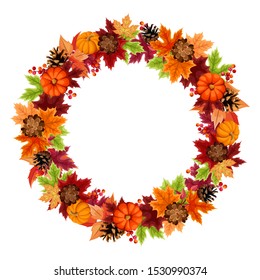 Vector autumn wreath with orange pumpkins, pinecones and colorful leaves.