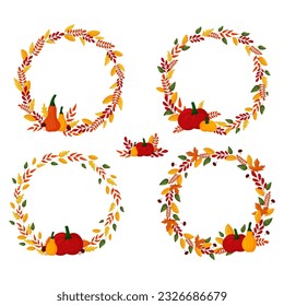 Herbstwreathen-Set für Vektorgrafiken. Kollektiv bunte Blätter und Kürbis einzeln auf weißem Hintergrund. Circle Rahmen der Saison Grußkarte. Template für Thanksgiving-Feierlichkeiten Illustration.