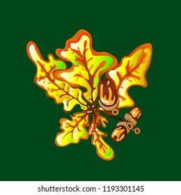 Vector autumn yellow oak leaves and acorn plant. Leaf plant botanical garden floral foliage. Isolated illustration element. Vector leaf for background, texture, wrapper pattern, frame or border.