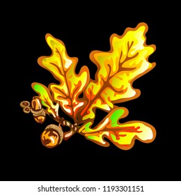 Vector autumn yellow oak leaves and acorn plant. Leaf plant botanical garden floral foliage. Isolated illustration element. Vector leaf for background, texture, wrapper pattern, frame or border.