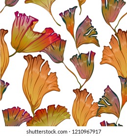Vector autumn yellow and red ginkgo leaves. Leaf plant botanical garden floral foliage. Seamless background pattern. Vector leaf for background, texture, wrapper pattern, frame or border.