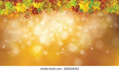 Vector autumnal  maples leaves border  on bokeh,  golden background.