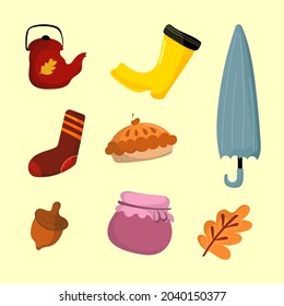 Vector of autumnal object element set illustration. Shoes, tea, leaves, umbrella, jar, cake. Cute fall season abstract design, colorful foliage. Used for symbol, sign, icon, background. Isolated.