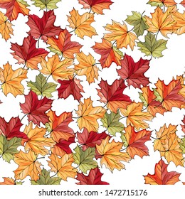 Vector Autumnal Seamless Pattern of Colorful Maple Leaves on White Background. Pattern for Textile Design, Fabric Printing, Packaging, Wallpaper, Book cover, Invitation.
