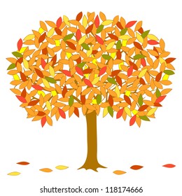 Vector autumnal tree with multicolor leaves on white background.