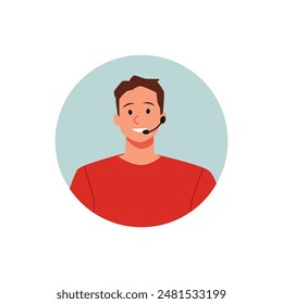 A vector avatar of the call center, which depicts a young male agent with headphones and a microphone, offering round-the-clock support and customer service.