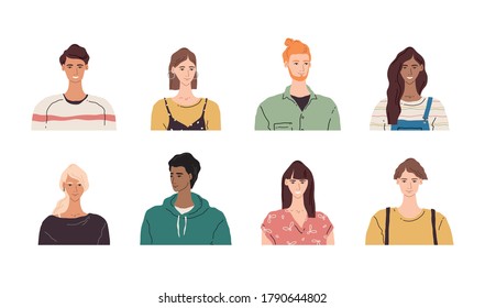 Vector avatar face illustration. Group of multicultural young people. Smiling character portrait set. Diverse man and women cartoon image collection