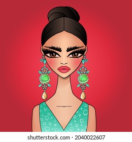 Vector avatar fashion illustration of a cute girl character with exotic colorful earrings on bright pink background.