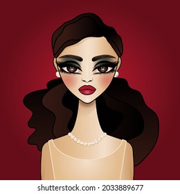 Vector avatar fashion illustration of elegant girl wearing pearl studs on dark ruby red background. Dark Winter make-up with teal and gold eyeshadow and dark red lipstick.