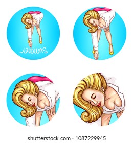 Vector avatar of fat blonde overweight woman in white blouse, pink skirt writes with chalk - summer. Pop art element for chat, blog isolated on blue background. Concept for networking, web