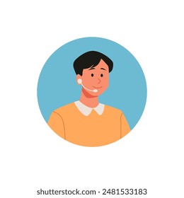 Vector avatar in a flat style for a call center representative with headphones and microphone, ready to provide support and hotline services around the world.