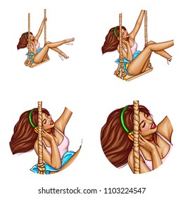 Vector avatar of girl on a swing in headphones, blue skirt with high heel shoes. Networking element of glamor music lover in earphones in white circle for chat, blog