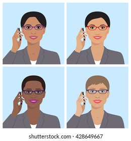 Vector avatar icon set. Business women's avatars. Women, girls of different nation with glasses, talking on the mobile phone. Vector flat illustration. European, asian, african american, indian women.