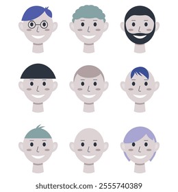 Vector avatar illustration for people on social networks with different hairstyles. Male faces on a white background. Flat style.