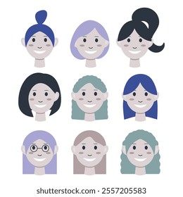 Vector avatar illustration for people on social networks with different hairstyles. Female faces on a white background. Flat style.
