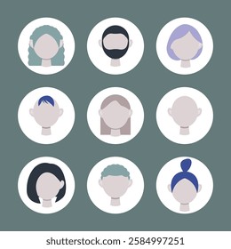 Vector avatar illustration for social media users with different hairstyles. Male and female faces on a white background.