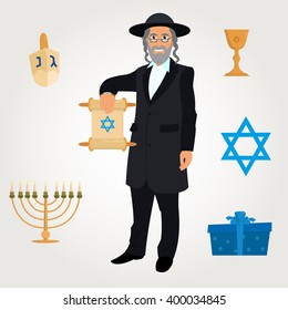 Vector avatar of Jew man with traditional headdress. avatar Jewish man on a blue background. vector illustration.