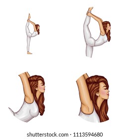 Vector avatar of pop art girl does gymnastics, yoga, stands in position on one leg and stretches her body. Networking element with young slim woman does fitness exercise inside the white circle