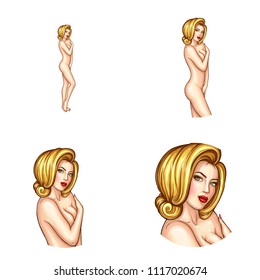Vector avatar of pop art nude blonde girl covers her breast with palm. Networking element of sexy young female character. Beauty model isolated in white circle