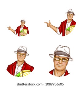 Vector avatar of pop art pretty fat man with shopping bags. Networking element of obese handsome character in red jacket, white hat, glasses. Fatty dandy with package isolated on white circle
