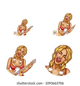 Vector avatar of pop art sexy girl in red corset sings song with her cat, plays electric guitar. Networking element for chat, blog isolated in white circle