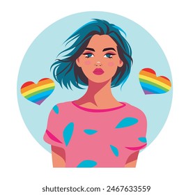 Vector avatar pride month icon with beautiful young girl woman with LGBT rainbow flag heart, for website and social networks