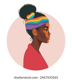 Vector avatar pride month icon with afro black girl woman with rainbow LGBT flag headband, for website and social networks