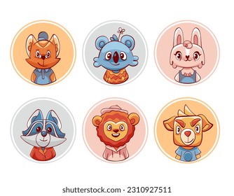 Vector avatar stickers with cute cartoon animal characters: lion, rabbit, cat, dog, raccoon and koala.