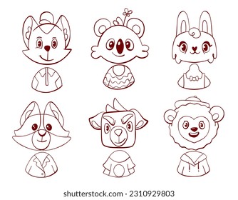Vector avatar stickers with cute cartoon animal characters in line style: lion, rabbit, cat, dog, raccoon and koala.