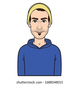 Vector avatar of a teenager with a yellow cap and blue hoodie.  Avatar isolated.