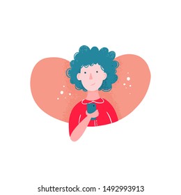 Vector avatar. Young girl with curly hair hold cell phone isolated on white background, teenage girl, student