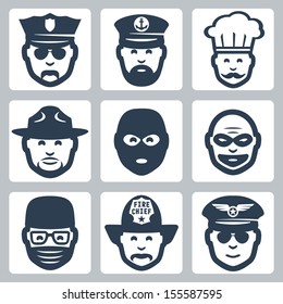 Vector avatar/profession/occupation icons set: police officer, captain, chef, ranger, anti-terrorist, robber, surgeon, fireman, pilot