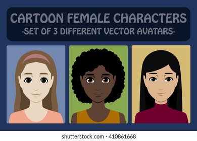Vector avatars icons set. Flat user icons set; different races, ethnicity, nationality: asian, european, afro american. Vector realistic cartoon female characters. Woman face for social network avatar