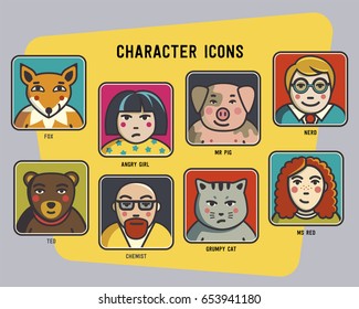 Vector avatars set. funny colorful characters. men, women and funny animals. Pig, cat, bear and fox. Vector illustration